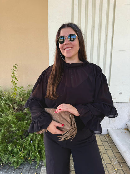 Camisa Semi-Transparente com Folhos